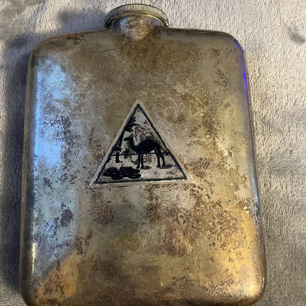 Antique Sterling Silver Hip Flask with Palm tree and Camel triangle logo